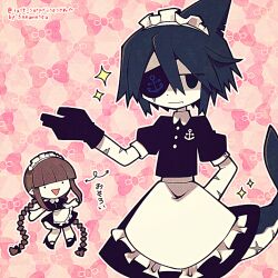 Rule 34 | 1boy, 1girl, anchor symbol, artist name, blue bow, blue eyes, blue hair, bow, braid, brown hair, chibi, colored skin, commission, commissioner name, crossdressing, eyepatch, fins, fish tail, funamusea, funamusea (artist), gloves, hair bow, headdress, highres, maid, maid headdress, mob face, multiple scars, official art, oounabara to wadanohara, pink background, pointy ears, scar, shark boy, shark fin, shark tail, short sleeves, skeb commission, tail, wadanohara, white skin