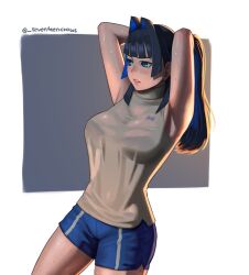 Rule 34 | 1girl, armpits, arms behind head, arms up, blue eyes, blue hair, bra, bra visible through clothes, breasts, gym shorts, hololive, hololive english, large breasts, looking ahead, ouro kronii, parted lips, ponytail, see-through, see-through shirt, seventeencrows, shorts, sidelocks, signature, simple background, sleeveless, sweat, sweaty clothes, thighs, turtleneck, underwear, virtual youtuber, wet, wet clothes, white background