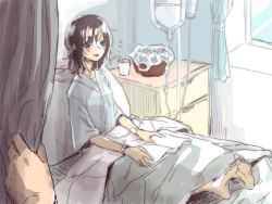Rule 34 | 1boy, 1girl, aoya (letter eater021), barefoot, bed, black hair, blanket, blue eyes, blush, cup, curtains, disposable cup, drinking straw, highres, hospital, hospital bed, hospital gown, indoors, intravenous drip, iv stand, on bed, open mouth, original, sitting, smile, solo focus, window