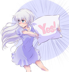Rule 34 | blue dress, blue eyes, cropped legs, dress, emphasis lines, floating hair, frilled dress, frills, furrowed brow, hair down, highres, holding, holding pillow, iesupa, long hair, looking away, looking to the side, outstretched arms, pajamas, pillow, rwby, scar, scar across eye, short sleeves, sleepwear, tsundere, wavy mouth, weiss schnee, white hair, yes, yes-no pillow