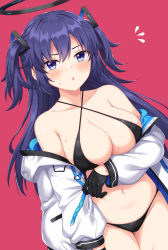 Rule 34 | 1girl, bare shoulders, bikini, black bikini, black gloves, blue archive, blue eyes, blue hair, blush, breasts, cleavage, collarbone, gloves, hair ornament, halo, highres, horosuke, jacket, large breasts, long hair, long sleeves, looking at viewer, navel, off shoulder, open clothes, open jacket, open mouth, pink background, sidelocks, solo, sweat, swimsuit, two side up, white jacket, yuuka (blue archive)