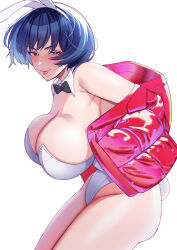 Rule 34 | 1girl, animal ears, ass, blue eyes, blue hair, blush, bow, bowtie, breasts, c-kyuu, cleavage, commentary request, detached collar, fake animal ears, highres, jacket, large breasts, leotard, looking at viewer, off shoulder, original, playboy bunny, rabbit ears, rabbit tail, short hair, simple background, smile, solo, tail, white background