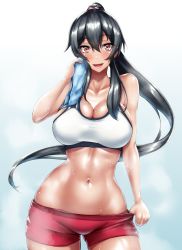 Rule 34 | 1girl, :d, bare shoulders, black hair, blush, breasts, cleavage, highres, kantai collection, large breasts, long hair, looking at viewer, midriff, navel, open mouth, ponytail, red eyes, simple background, sleeveless, smile, solo, sweat, tama (tamakaka1031), towel, very long hair, white background, yahagi (kancolle)
