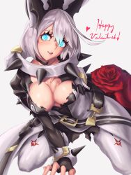 Rule 34 | 1girl, ahoge, animal ears, arc system works, blue eyes, blush, bouquet, breasts, cleavage, collar, deep skin, dress, elphelt valentine, english text, fingerless gloves, flower, gloves, grabbing, grabbing another&#039;s breast, grabbing own breast, guilty gear, guilty gear xrd, guilty gear xrd: revelator, hair between eyes, head tilt, highres, kneeling, large breasts, looking at viewer, pantyhose, parted lips, platinum disco, rabbit ears, red flower, red rose, ringed eyes, rose, shiny skin, short hair, silver hair, simple background, smile, solo, spiked collar, spikes, wedding dress, white background