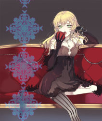 Rule 34 | 10s, 1girl, apple, bad id, bad pixiv id, blonde hair, bracelet, couch, dragon nest, elbow gloves, enk, food, fruit, gloves, green eyes, jewelry, lingerie, long hair, negligee, open mouth, patterned legwear, red upholstery, see-through, single thighhigh, sitting, solo, sorceress (dragon nest), striped clothes, striped thighhighs, thighhighs, tufted upholstery, underwear, vertical-striped clothes, vertical-striped thighhighs