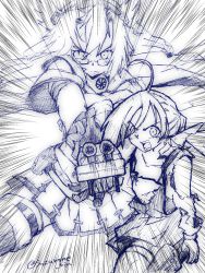 Rule 34 | 2girls, ahoge, artist request, cannon, collarbone, dragon ball, dragonball z, eyes visible through hair, glasses, gloves, graphite (medium), hair between eyes, hair ribbon, kamehameha (dragon ball), kantai collection, kiyoshimo (kancolle), looking at viewer, mechanical pencil, monochrome, multiple girls, musashi (kancolle), open mouth, parody, pencil, pleated skirt, ponytail, ribbon, sketch, skirt, torn clothes, traditional media, turret, twitter username