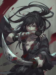 Rule 34 | 1boy, bandages, black gloves, black hair, black kimono, blood, bloody bandages, brown eyes, dororo (tezuka), fighting stance, fingerless gloves, gloves, highres, hyakkimaru (dororo), japanese clothes, kimono, long hair, looking at viewer, male focus, mouth hold, prosthesis, prosthetic arm, prosthetic sword, qianjingya, solo, standing, very long hair