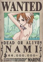 Rule 34 | 1girl, arms behind head, back, breasts, highres, nami (one piece), nipples, one piece, orange hair, poster, sideboob, smile, tattoo, topless, wanted