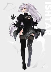 Rule 34 | 1girl, absurdres, alternate costume, artist name, boots, commission, commissioner upload, cosplay, fire emblem, fire emblem: genealogy of the holy war, gloves, hair ornament, hand up, hannreina, highres, ishtar (fire emblem), jewelry, long hair, looking at viewer, nier (series), nier:automata, nintendo, open mouth, ponytail, purple eyes, purple hair, simple background, solo, thighhighs, very long hair, watermark, 2b (nier:automata)