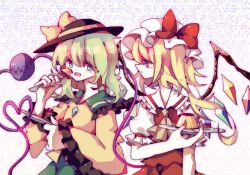 Rule 34 | 2girls, ascot, black headwear, blonde hair, blouse, bow, closed mouth, collared shirt, cowboy shot, eating, fingernails, flandre scarlet, food, fork, frilled shirt collar, frilled sleeves, frills, green hair, green skirt, hair between eyes, hat, hat bow, hat ribbon, heart, heart of string, holding, holding fork, holding plate, komeiji koishi, long sleeves, looking at another, medium hair, mimureem, mob cap, multicolored wings, multiple girls, nail polish, name connection, object namesake, one side up, open mouth, plate, pudding, puffy short sleeves, puffy sleeves, red bow, red nails, red skirt, red vest, ribbon, sharp fingernails, shirt, short sleeves, simple background, skirt, skirt set, sleeve ribbon, teeth, third eye, touhou, upper teeth only, vest, white headwear, white shirt, wide sleeves, wings, yellow ascot, yellow bow, yellow ribbon, yellow shirt