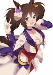 Rule 34 | 1girl, animal ears, breasts, brown hair, choker, cleavage, commentary request, cowboy shot, cropped jacket, fang, fox mask, fox shadow puppet, green eyes, hair between eyes, highres, horse ears, horse girl, horse tail, inari one (umamusume), jacket, large breasts, long hair, long sleeves, mask, midriff, miya star saa, open clothes, open jacket, open mouth, pendant choker, purple choker, red shirt, red shorts, shirt, shorts, simple background, smile, solo, starting future (umamusume), tail, twintails, umamusume, v-shaped eyebrows, white background, white jacket