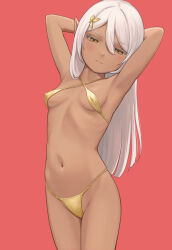 Rule 34 | 1girl, armpits, arms behind head, bikini, blunt ends, breasts, closed mouth, commentary request, covered erect nipples, cowboy shot, criss-cross halter, dark-skinned female, dark elf, dark skin, elf, expressionless, gold bikini, hair between eyes, hair ornament, halterneck, highres, kuroshiro00, long hair, looking at viewer, micro bikini, navel, orange eyes, original, pointy ears, presenting armpit, red background, simple background, small breasts, solo, stomach, swimsuit, white hair