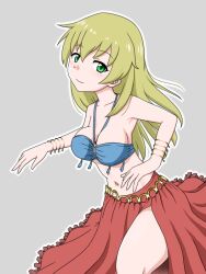 Rule 34 | 1girl, belly dancing, blonde hair, blush, breasts, carpaccio (girls und panzer), cleavage, closed mouth, dancer, girls und panzer, green eyes, large breasts, long hair, looking at viewer, navel, smile, solo, yass hero