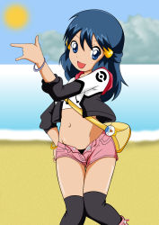 Rule 34 | 1girl, absurdres, beach, blue eyes, blue hair, creatures (company), dawn (pokemon), game freak, gen 4 pokemon, hand on own hip, happy, highres, knees together feet apart, long hair, looking at viewer, m/, matching hair/eyes, midriff, nintendo, open mouth, outdoors, piplup, pokemon, pokemon (creature), short shorts, shorts, smile, solo, sun, thighhighs, unbuttoned