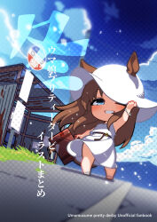 Rule 34 | 1girl, animal ears, arm up, belt, blue eyes, blue sky, blush, bracelet, brown hair, bus stop, chibi, cloud, cover, cover page, day, dress, ears through headwear, english text, floating hair, full body, grass wonder (umamusume), grin, hat, highres, holding, horse ears, horse girl, jewelry, long hair, looking at viewer, no nose, one eye closed, outdoors, sky, sleeveless, sleeveless dress, smile, solo, standing, sun hat, thighs, umamusume, warashi, white dress, white hat