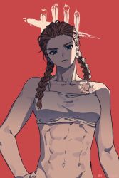 Rule 34 | 1girl, abs, blue eyes, bottomless, braid, breasts, camisole, collarbone, commentary request, crop top, dead by daylight, frown, groin, hand on own hip, head tilt, highres, korean commentary, low twin braids, medium breasts, meg thomas, navel, orange hair, scar on shoulder, solo, spaghetti strap, toned, tongchock, twin braids, twitter username, upper body, white camisole