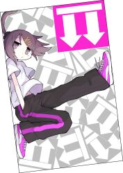 Rule 34 | 1girl, absurdres, asameshi, brown eyes, brown hair, character request, closed mouth, copyright request, hairpin, hands in pockets, highres, looking at viewer, multiple hairpins, pants, ponytail, purple footwear, shirt, shoes, short sleeves, sneakers, solo, t-shirt, white shirt
