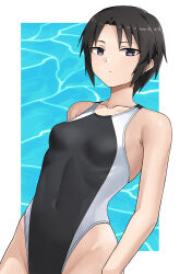 Rule 34 | 1girl, black eyes, black hair, black one-piece swimsuit, breasts, competition swimsuit, hashi, highleg, highleg swimsuit, looking at viewer, one-piece swimsuit, original, short hair, small breasts, solo, swimsuit, tomboy, two-tone swimsuit
