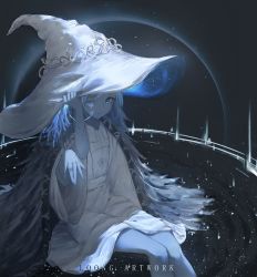 Rule 34 | 1girl, absurdres, artist name, blue hair, blue skin, cloak, closed mouth, colored skin, cracked skin, dress, elden ring, extra arms, extra faces, fur cloak, hat, highres, jewelry, looking at viewer, loong (loong blo), one eye closed, ranni the witch, ring, sitting, thighs, white dress, white headwear, witch hat