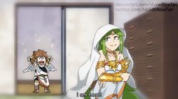 Rule 34 | 1boy, 1girl, abswillowfan, arms up, blanket, boku no hero academia, chest of drawers, dress, green hair, jewelry, kid icarus, looking back, necklace, nintendo, open mouth, opening door, palutena, parody, pit (kid icarus), smile, squatting, white dress
