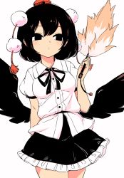 Rule 34 | 1girl, arm behind back, bird wings, black eyes, black hair, black ribbon, black skirt, black wings, breasts, closed mouth, collared shirt, commentary request, cowboy shot, frilled skirt, frills, hair between eyes, hand fan, hat, hauchiwa, holding, holding fan, looking to the side, maguro (mawaru sushi), medium breasts, neck ribbon, pom pom (clothes), puffy short sleeves, puffy sleeves, red hat, ribbon, shameimaru aya, shirt, short hair, short sleeves, simple background, skirt, solo, standing, tassel, tokin hat, touhou, white background, white shirt, wings