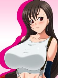 Rule 34 | 1990s (style), 1girl, black hair, blush, breasts, earrings, female focus, final fantasy, final fantasy vii, gradient background, highres, huge breasts, jewelry, long hair, looking at viewer, pink background, red eyes, retro artstyle, smile, solo, standing, suspenders, tank top, tifa lockhart, tomite, upper body, very long hair, white background