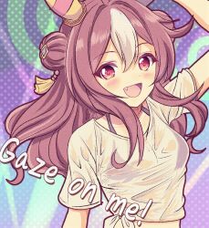 Rule 34 | 1girl, alternate costume, animal ears, bra, breasts, brown hair, collarbone, commentary request, copano rickey (umamusume), double bun, english text, fang, gaze on me! outfit (umamusume), hair bun, highres, horse ears, horse girl, looking at viewer, medium breasts, medium hair, open mouth, portrait, red eyes, see-through, shirt, simple background, solo, umamusume, underwear, usuba kagerou
