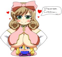 Rule 34 | 1boy, 1girl, adam (pokumii), blonde hair, blue eyes, blush, bow, breasts, brown hair, chibi, cleavage, cleavage cutout, clothing cutout, detached sleeves, green eyes, hair bow, handheld game console, hands on own hips, haruka (senran kagura), heart, holding, huge breasts, long hair, long sleeves, looking down, nintendo, nintendo 3ds, pink shirt, playing games, pokumii, purple shirt, senran kagura, shirt, sleeveless, sleeveless shirt, smile, spoken heart, standing, transparent background, upper body, video game
