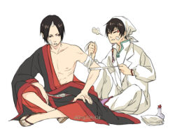 Rule 34 | 2boys, abs, artist name, bandaged arm, bandages, bandaid, bandaid on cheek, bandaid on face, bare pectorals, bead bracelet, beads, black eyes, black hair, black kimono, black sleeves, bottle, bracelet, clenched teeth, closed eyes, coat, coattails, collared coat, collared shirt, dated, eyeshadow, full body, hakutaku (hoozuki no reitetsu), hands on own legs, hat, head scarf, high collar, holding bandages, hoozuki (hoozuki no reitetsu), hoozuki no reitetsu, horns, japanese clothes, jewelry, kimono, kimono partially removed, lab coat, long sleeves, looking at another, makeup, male focus, multiple boys, nipples, pants, pectorals, pointy ears, puff of air, rag, red bracelet, red eyeshadow, ribs, sandals, shirt, short hair, simple background, single bare arm, single bare shoulder, single horn, sitting, small horns, teeth, thick eyebrows, toenails, toes, ukiing, white background, white coat, white hat, white horns, white pants, white shirt, white sleeves, wide sleeves, yellow footwear