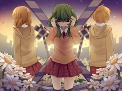 Rule 34 | 1boy, 2girls, artist name, blonde hair, blush, building, closed eyes, collared shirt, crying, facing away, field, flower, flower field, green hair, gumi, hands on own head, hood, hoodie, iede no shounen to maigo shoujo, kagamine len, kagamine rin, long hair, long sleeves, multiple girls, neck ribbon, open mouth, orange sweater, over-kneehighs, plaid, plaid skirt, pleated skirt, railroad crossing, red ribbon, red skirt, ribbon, shirt, silhouette, skirt, standing, sweater, tensei shoujo to tensei shounen, thighhighs, vocaloid, white shirt, wing collar, yunare