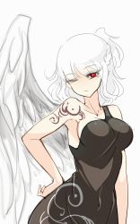 Rule 34 | 1girl, alternate costume, angel wings, arm at side, black dress, black shirt, breasts, dress, eyelashes, eyes visible through hair, hand on own hip, highres, hip focus, impossible clothes, impossible dress, kishin sagume, large breasts, light frown, long eyelashes, looking at viewer, looking to the side, markings, navel, no nose, one eye closed, pointy ears, raptor7, red eyes, shiny clothes, shirt, short ponytail, sideboob, single strap, single wing, sketch, sleeveless, sleeveless dress, solo, tattoo, touhou, white hair, wings
