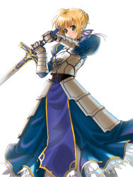 Rule 34 | 00s, 1girl, armor, armored dress, artoria pendragon (all), artoria pendragon (fate), blonde hair, blue dress, dress, fate/stay night, fate (series), gauntlets, green eyes, h kamome, holding, holding sword, holding weapon, loincloth, looking at viewer, saber (fate), short hair, simple background, solo, standing, sword, tenmaso, unsheathed, weapon, white background