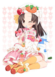 Rule 34 | 1girl, apron, bad id, bad pixiv id, blush, carrot, cherry, cooking idol ai! mai! main!, female focus, food, food-themed clothes, fruit, full body, hat, hiiragi mine, solo, spoon, strawberry, suzume inui, vegetable, wink