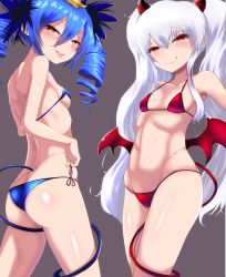 Rule 34 | 2girls, ass, blue hair, breasts, butt crack, female pervert, grim aloe, highres, horns, lewisia aquablue, long hair, looking at viewer, multiple girls, naughty face, pervert, quiz magic academy, small breasts, swimsuit, tail, white hair, wings