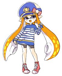 1girl arm_at_side black_shorts blue_hat blue_shirt bow breast_pocket clothes_pull facing_viewer full_body hand_up hat hat_bow head_tilt highres inkling_girl inkling_player_character legs_apart long_hair long_sleeves looking_ahead nintendo orange_hair peaked_cap pigeon-toed pocket pointy_ears purple_eyes red_bow red_footwear sen_squid shirt shirt_grab shirt_pull shoes short_shorts shorts sidelighting simple_background single_sleeve_past_wrist sneakers solo splatoon_(series) standing striped_bow striped_clothes striped_shirt suction_cups tentacle_hair third-party_source triangle_mouth two-tone_shirt very_long_hair watercolor_effect white_background white_shirt yellow_trim