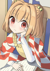 Rule 34 | 1girl, bell, blush, chair, checkered clothes, checkered kimono, closed mouth, expressionless, eyelashes, hair bell, hair ornament, hand on own cheek, hand on own face, hand up, highres, japanese clothes, jingle bell, kimono, light brown hair, long sleeves, looking at viewer, medium hair, motoori kosuzu, red eyes, solo, touhou, two side up, urotsua, wide sleeves