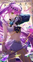 Rule 34 | 1girl, absurdres, asymmetrical legwear, asymmetrical sleeves, crop top, earrings, fishnet thighhighs, fishnets, green eyes, highres, hololive, jewelry, looking at viewer, microphone, midriff, navel, purple hair, shorts, solo, stage, stage lights, standing, star-ring, thighhighs, tiara, tokoyami towa, tokoyami towa (break your xxx), virtual youtuber