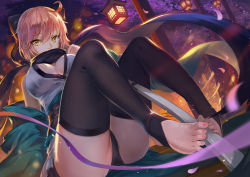 Rule 34 | 1girl, ahoge, ass, backlighting, bare shoulders, barefoot, between legs, black bow, black panties, black scarf, black thighhighs, blurry, bokeh, bow, breasts, cherry blossoms, cleavage, covered mouth, depth of field, dutch angle, fate (series), feet, foreshortening, hair between eyes, hair bow, highres, japanese clothes, karasu kame ex, kimono, koha-ace, lantern, large breasts, looking at viewer, nail polish, night, night sky, no shoes, off shoulder, okita souji, okita souji (fate), okita souji (koha-ace), orange hair, outdoors, panties, pink nails, sash, scarf, short hair, short kimono, sitting, sky, sleeveless, sleeveless kimono, solo, thighhighs, toeless legwear, toenail polish, toenails, toes, tree, underwear, yellow eyes