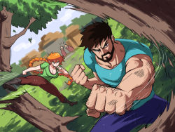 Rule 34 | 1girl, 3boys, alex (minecraft), beard, black hair, blouse, blue shirt, boots, braid, breasts, brown hair, brown pants, cleavage, cloud, day, denim, dutch angle, facial hair, grass, green shirt, high kick, highres, house, jeans, kicking, long hair, looking at another, medium breasts, minecraft, motion lines, multiple boys, muscular, muscular male, mustache, orange hair, outdoors, pants, punching, purple pants, shirt, short hair, short sleeves, sky, steve (minecraft), surprised, t-shirt, tina fate, tree, twin braids, villager (minecraft)