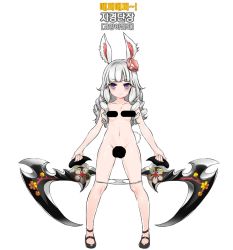 Rule 34 | 1girl, animal ears, bad id, bad pixiv id, censored, curly hair, dual wielding, elin, flat chest, flower, grey hair, groin, hair flower, hair ornament, holding, korean text, long hair, mary janes, navel, ndgd, panties, panty pull, purple eyes, rabbit ears, rabbit girl, rabbit tail, shoes, smile, solo, tail, tera online, underwear, weapon