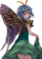 Rule 34 | 1girl, :o, antennae, bare arms, blue hair, brown eyes, butterfly wings, clothes lift, dress, dress lift, e.o., eternity larva, from behind, green dress, half-closed eyes, highres, insect wings, lifted by self, looking at viewer, looking back, short hair, simple background, sleeveless, sleeveless dress, solo, touhou, white background, wings