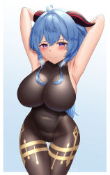 Rule 34 | 1girl, 1nilla&#039;, ahoge, armpits, arms up, black leotard, black pantyhose, blue hair, blush, bodystocking, bodysuit, breasts, covered navel, cowboy shot, ganyu (genshin impact), genshin impact, groin, heavy breathing, highres, horns, large breasts, leotard, leotard under clothes, long hair, looking at viewer, pantyhose, purple eyes, sideboob, sidelocks, skindentation, smile, solo, standing, sweat, thai commentary, thigh gap, thighlet, thighs