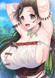 Rule 34 | 1girl, armpits, arms behind head, arms up, bare shoulders, blue sky, body markings, breasts, brown eyes, brown hair, cleavage, day, dress, facial mark, fate/grand order, fate (series), forehead, forehead mark, highres, himiko (fate), himiko (first ascension) (fate), jewelry, large breasts, long hair, magatama, magatama necklace, necklace, open mouth, sash, sideboob, sky, smile, solo, topknot, twintails, white dress, youshuu