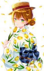 Rule 34 | 1girl, absurdres, autumn leaves, axis powers hetalia, belgium (hetalia), blush, bow, brown hair, closed mouth, dated, earrings, falling leaves, fingernails, floral print, flower, from behind, green eyes, hair bow, hair bun, hair up, hand up, happy, hat, highres, holding, holding flower, japanese clothes, jewelry, kimono, leaf, long sleeves, looking at viewer, looking back, obi, pearl earrings, riri5937, sash, simple background, single side bun, smile, solo, straw hat, tulip, unmoving pattern, updo, upper body, white background, yellow bow, yellow flower, yukata