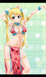 Rule 34 | 1girl, arabian clothes, arm up, armlet, armpits, arms up, bare shoulders, blonde hair, blush, body blush, bracelet, breasts, cleavage, collarbone, curvy, dancer, fairy tail, female focus, gaston18, hair ornament, happy, harem outfit, highres, jewelry, large breasts, legs, loincloth, long hair, looking at viewer, lucy heartfilia, midriff, navel, neck, no panties, outstretched arms, pelvic curtain, smile, solo, spread arms, standing, thighlet, thighs, twintails