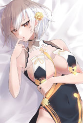 1girl, azur lane, bare shoulders, braid, breast curtains, breasts, china dress, chinese clothes, dress, eyebrows visible through hair, finger to mouth, flower, from above, grey dress, hair flower, hair ornament, highres, kia, large breasts, looking at viewer, lying, neckwear between breasts, official alternate costume, on back, pelvic curtain, revealing clothes, sheer clothes, side braid, sirius (azur lane), sirius (azure horizons) (azur lane), sleeveless, sleeveless dress, white hair, yellow flower