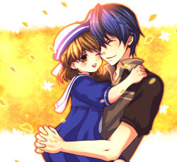 Rule 34 | 00s, age difference, bad id, bad pixiv id, blue hair, brown eyes, brown hair, carrying, clannad, closed eyes, dixie cup hat, dress, father and daughter, haruta, hat, hug, military hat, okazaki tomoya, okazaki ushio, one eye closed, sailor, sailor collar, sailor dress, short hair, wink