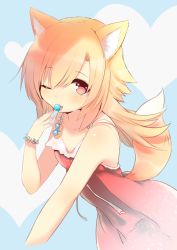 Rule 34 | 1girl, akane (naomi), animal ear fluff, animal ears, bad id, bad twitter id, blonde hair, blue background, bracelet, candy, cropped, dress, food, fox ears, fox tail, heart, heart background, hutaba akane, jewelry, licking, lollipop, long hair, looking at viewer, nanashin naomi, one eye closed, original, pink eyes, solo, tail, tongue, tongue out
