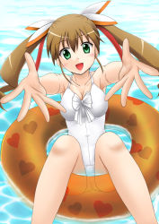 Rule 34 | 10s, 1girl, brown hair, dog days, foreshortening, fuuma nagi, green eyes, highres, long hair, one-piece swimsuit, rebecca anderson, swimsuit, twintails