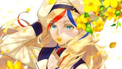 Rule 34 | 1girl, anchor hair ornament, beret, blonde hair, blue eyes, blue hair, closed mouth, collarbone, commandant teste (kancolle), commentary request, flower, french flag, hair between eyes, hair ornament, hat, highres, hisame (gocbu), kantai collection, leaf, long hair, long sleeves, looking at viewer, multicolored clothes, multicolored hair, multicolored scarf, outdoors, petals, plaid, plaid scarf, red hair, scarf, simple background, solo, streaked hair, swept bangs, wavy hair, white hair